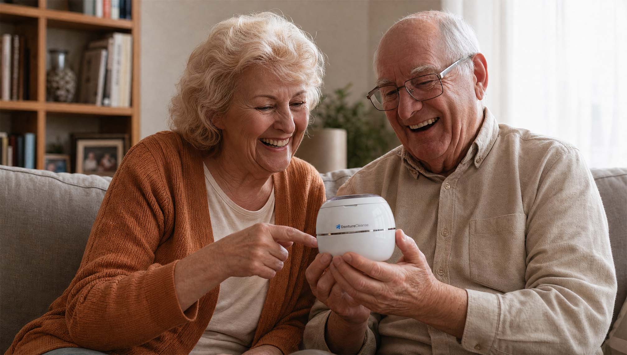 An older couple smiling together as they look at their DentureCleanse pod at home